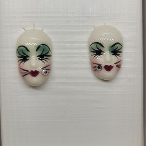 Vintage Fancy Faces Hand Painted Porcelian Mardi Gras Mask Stud Earrings